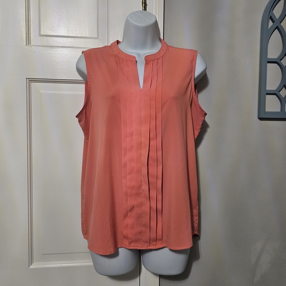 Calvin Klein Orange Sleeveless Pleated Blouse with Mandarin Collar - Picture 1 of 2